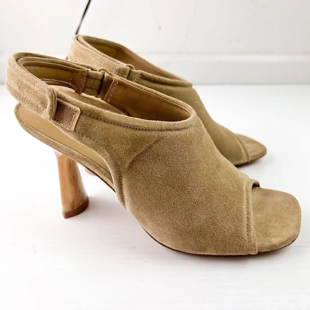 Vince Women Quest Slingback Beige Kitten Heel Leather Suede Sandals Sz 9.5M NEW